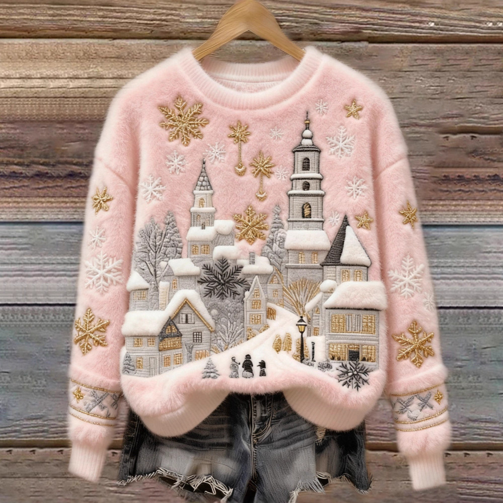 Pull Village Enneigé Rose