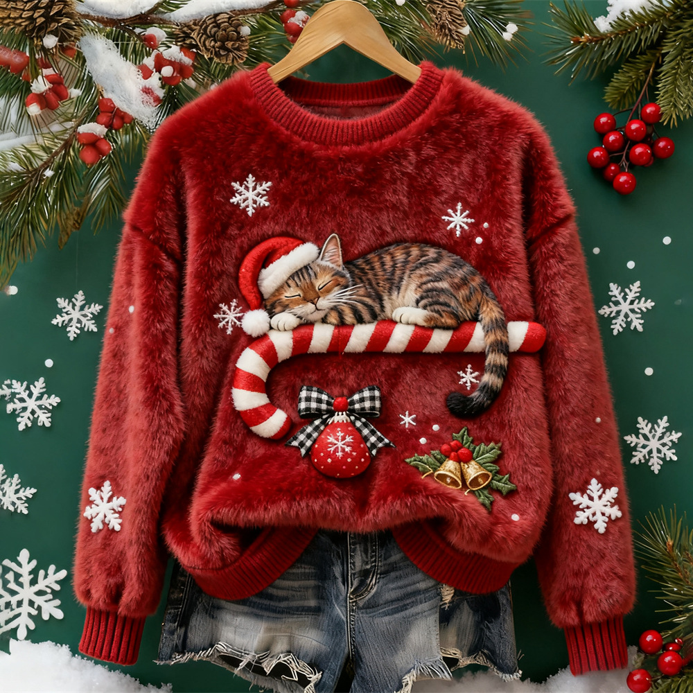 Pull Douillet Chat au Bonnet de Père Noël